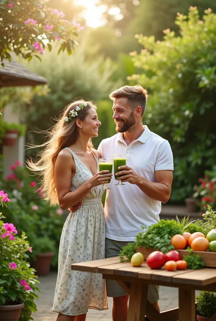 Healthy home and wife couple drinking green juice in outdoor place