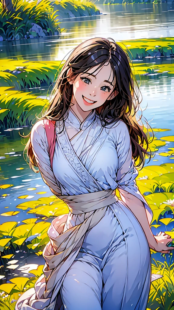 in 8K、top-quality、​masterpiece:1.2)、One woman、(Smiling smile:1.1)、beautidful eyes、Valley、The upper part of the body、shorth hair、Like a boy、Colossal tits、Blue View、