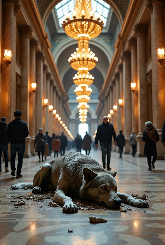 standing in a grand museum gallery between ornate marble columns and intricate tile floors, Surrounded by luxurious chandeliers that cast a warm light, on a pedestal, There is a magnificent statue on the floor face down broken of a werewolf dog