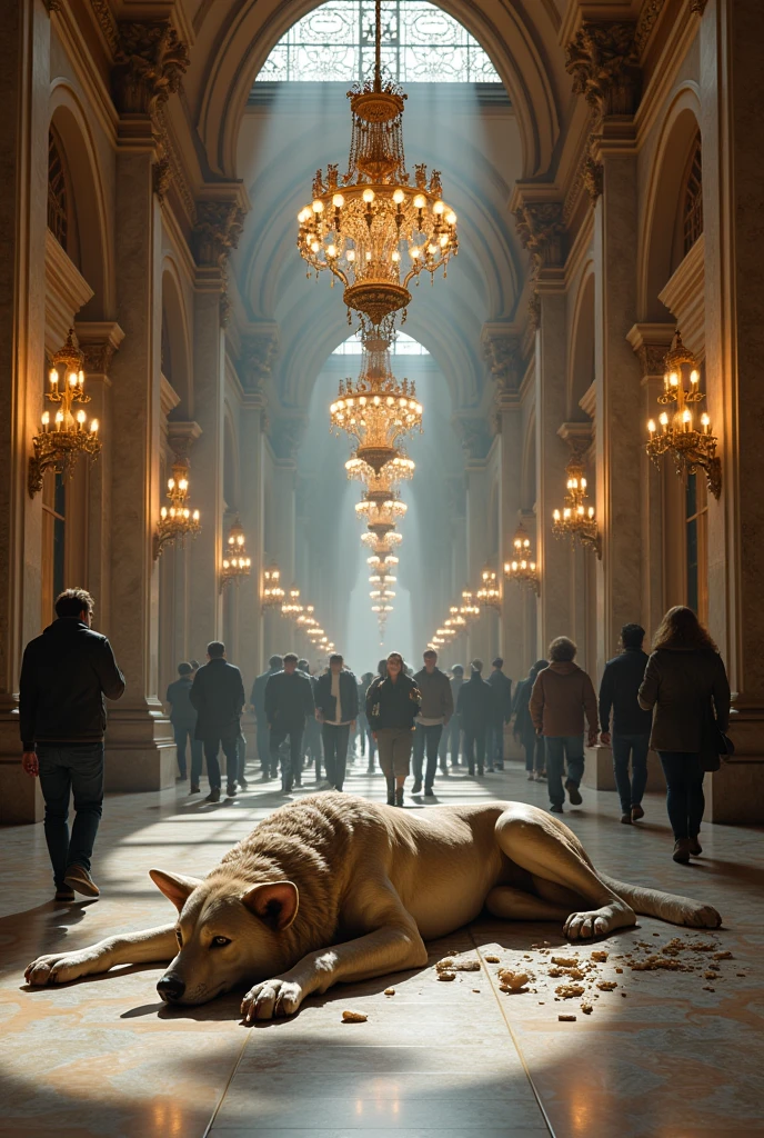 standing in a grand museum gallery between ornate marble columns and intricate tile floors, Surrounded by luxurious chandeliers that cast a warm light, on a pedestal, There is a magnificent statue on the floor face down broken of a werewolf dog