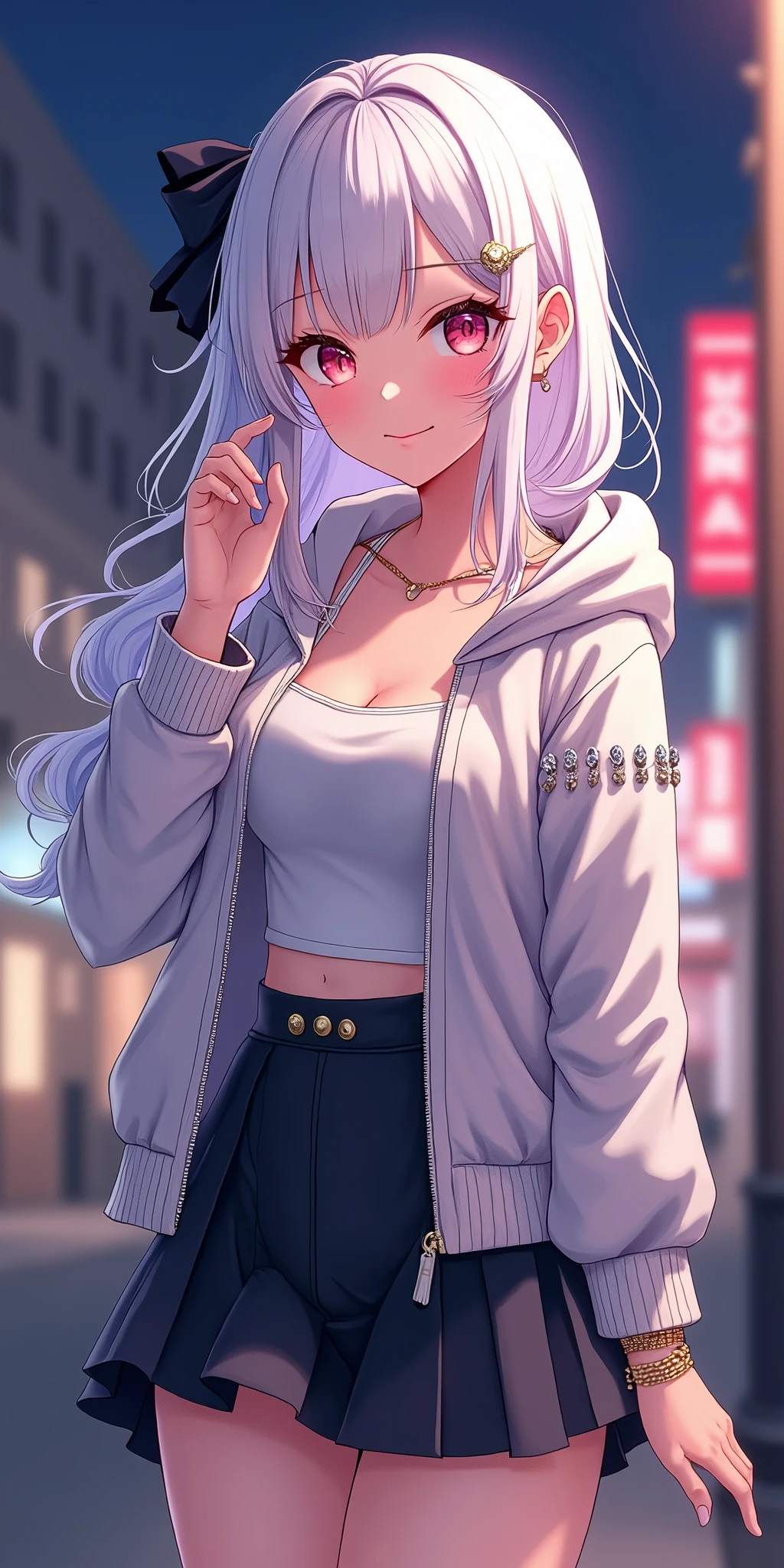 ((best quality, ultra-detailed, photorealistic: 1.39), bright and vibrant colors, studio lighting, romantic expression, An effeminate girl, with a delicate and beautiful face. She is a girl who reflects seductive beauty, sparkling eyes, extremely beautiful woman, white hair, beautiful smile, beautiful skirt, tight skirt, jacket with diamonds set in it, tank top underneath, she is a modern woman in a street at night, she is in love, anime style, Anime Bishoujo