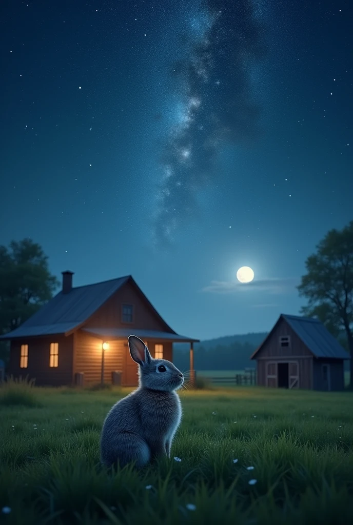 Beautiful detailed starry sky, rabbit looking up, rural farmhouse in the grass, (Highest Quality, 4k, 8k, High Resolution, Masterpiece: 1.2), Ultra Detailed, (Realistic, Photorealistic, Photorealistic: 1.37), Highly detailed night sky, glowing stars, fluffy rabbit, rabbit looking up, detailed grassland, unlit barn, moonlit night, serene rural landscape, atmospheric lighting, cinematic composition, limited color palette,