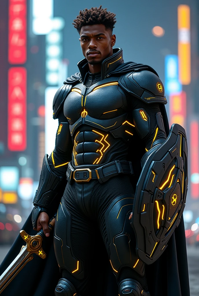 one men, age 28, dark-skinned, short wavy brown hair, with a futuristic aesthetic. The character must wear a black and dark gray armored suit, with bright yellow lines running through the suit, giving it a high-tech look. The costume includes a detailed chest plate, armored gauntlets and reinforced boots. A long black cape flows behind the character, carrying a futuristic weapon, like a shining sword, and a shield in the other hand