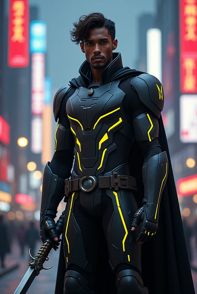one men, age 28, dark-skinned, short wavy brown hair, with a futuristic aesthetic. The character must wear a black and dark gray armored suit, with bright yellow lines running through the suit, giving it a high-tech look. The costume includes a detailed chest plate, armored gauntlets and reinforced boots. A long black cape flows behind the character, carrying a futuristic weapon, like a shining sword, and a shield in the other hand