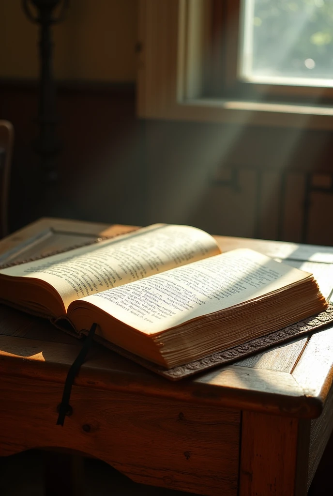 An open book on a wooden table