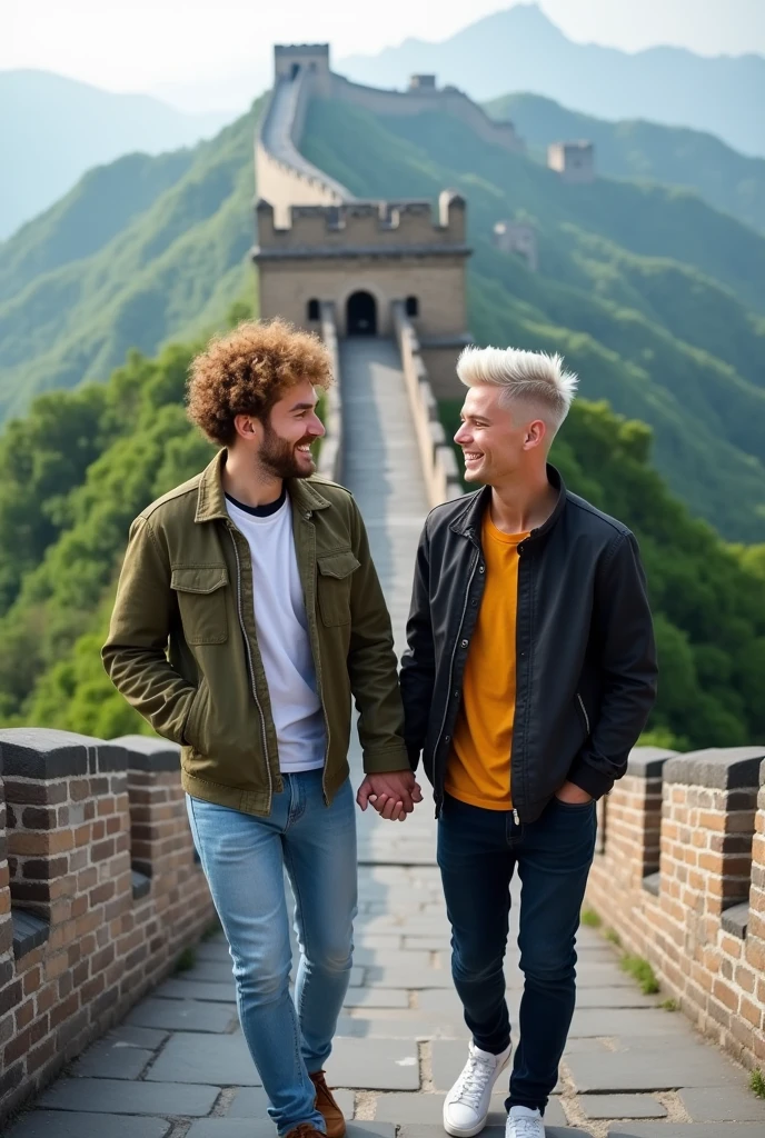 A gay couple, being 1 blond with blue eyes and curly light hair, another with short, modern, dark blond and gray hair, stylish on the Great Wall of China