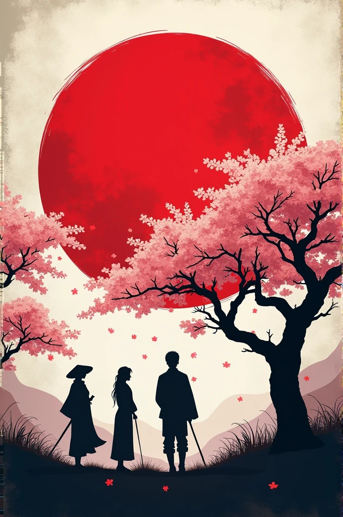 Generate me a horizontal image, a flag of Japan with silhouettes of characters and cherry trees