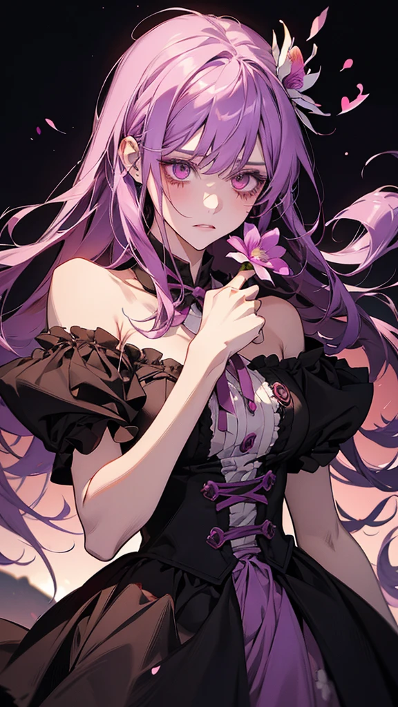 Animated character holding purple flower in hand, gapmoe Yandere, gapmoe Yandere grimdark, Yandere, portrait gapmoe Yandere grimdark, Yandere. expensive, Burning, Anime Moe Art Style, inspired Burning, bakemonogatari, Her face is like an orchid, In anime style, Yandere intricate