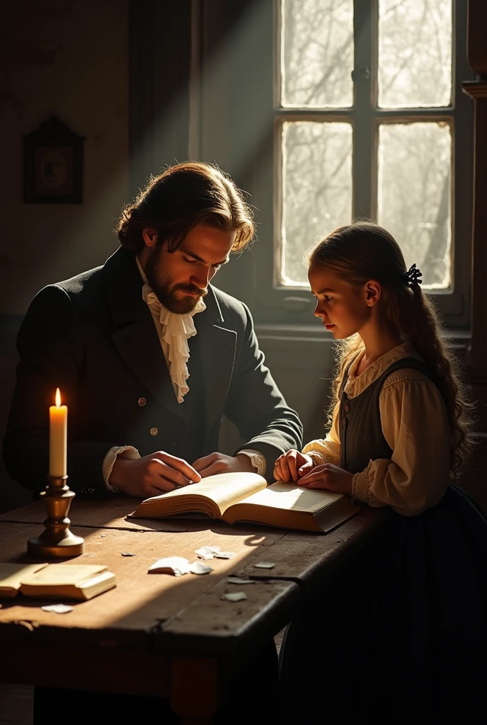 Jean Valjean teaching Cosette to read, Remember she is an 8 girl with blonde hair and blue eyes, It's the 1800s in Paris and they don't have much money.