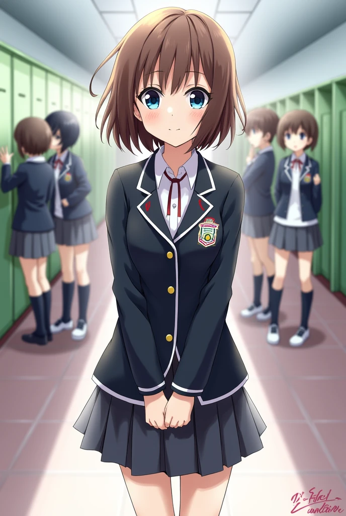 Draw a female character with short brown hair and shy blue eyes with a uniform inspired by the drawing style of my Hero Academia