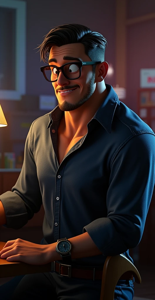 Cartoon character of a man wearing black glasses and a blue shirt, um personagem animado, Caractere estilizado, animation style rendering, 3D estilizado, Arnold Maya render, 3 d render stylized, toon render keyshot, Personagem 3D, Personagem 3D, 3d rendering stylized, 3 d character render, personagem de desenho animado, Personagem de close up, Pose de personagem, (Estilo Pixar) (master part:1.2) (Bokeh) (best quality) (pele detalhada) (textura detalhada) (8k) (argila) (Cinematic lighting) (foco nítido，Senta e vaza a parte superior do corpo