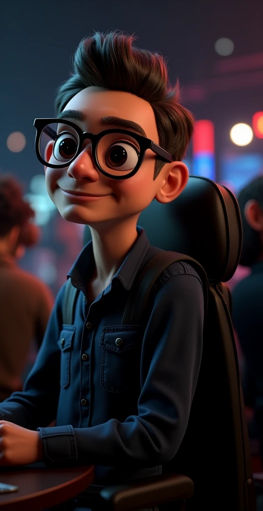 Cartoon character of a man wearing black glasses and a blue shirt, um personagem animado, Caractere estilizado, animation style rendering, 3D estilizado, Arnold Maya render, 3 d render stylized, toon render keyshot, Personagem 3D, Personagem 3D, 3d rendering stylized, 3 d character render, personagem de desenho animado, Personagem de close up, Pose de personagem, (Estilo Pixar) (master part:1.2) (Bokeh) (best quality) (pele detalhada) (textura detalhada) (8k) (argila) (Cinematic lighting) (foco nítido,Senta e vaza a parte superior do corpo