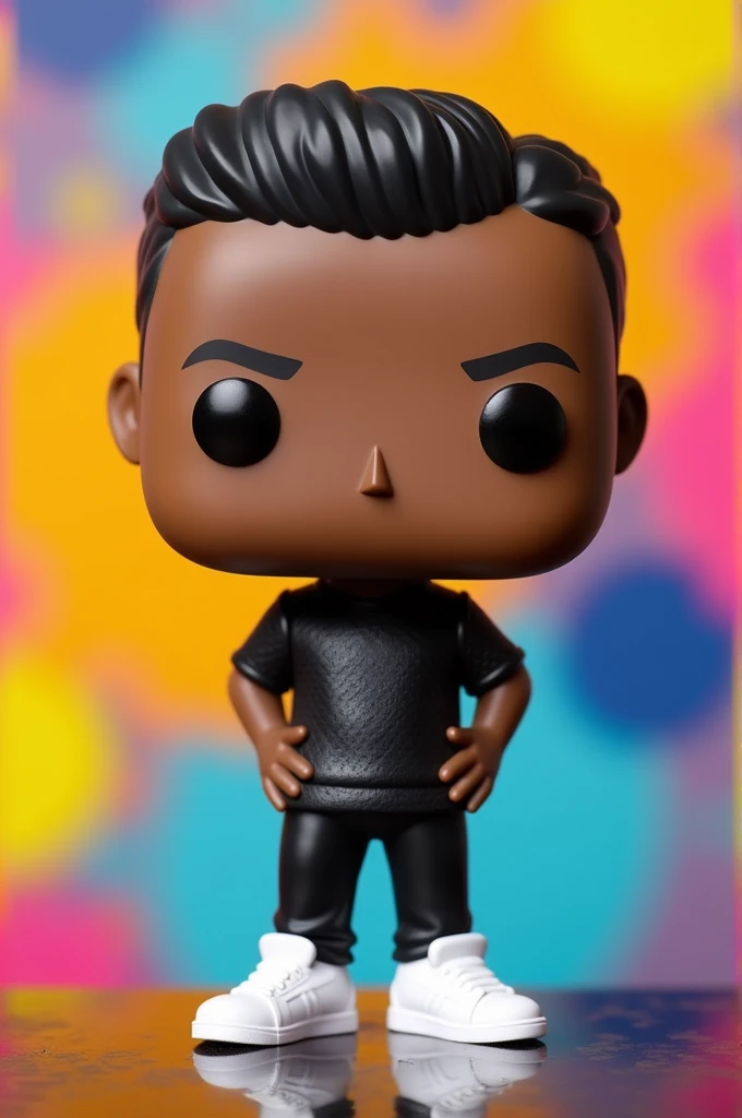 Funko pop of a human man with brown skin, black short hair, black jersey, black pants and white sneakers. no tattoos