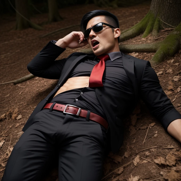 33 years old,One Man,、Black Shirt、Red tie、Black gloves、Forest、Lying on your back on the ground、Get punched in the stomach　logic, ,Black Hair、Very short hair、undercut、Handsome fighter　Asian Face　Stubble、The crotch area of your trousers is bulging　Black sunglasses　Seen from below　Beaten and screaming in pain