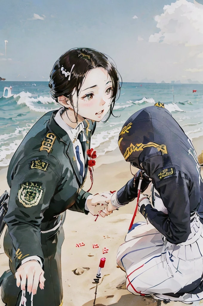 Japanese manga style, there are two students in uniform sit on a sunny beach, a male and a female, the male(one of them) is holding a birthday cake with birthday candles. the female(the another) is clasping her hands together and blowing out the birthday candles. there are some footprints on the beach.