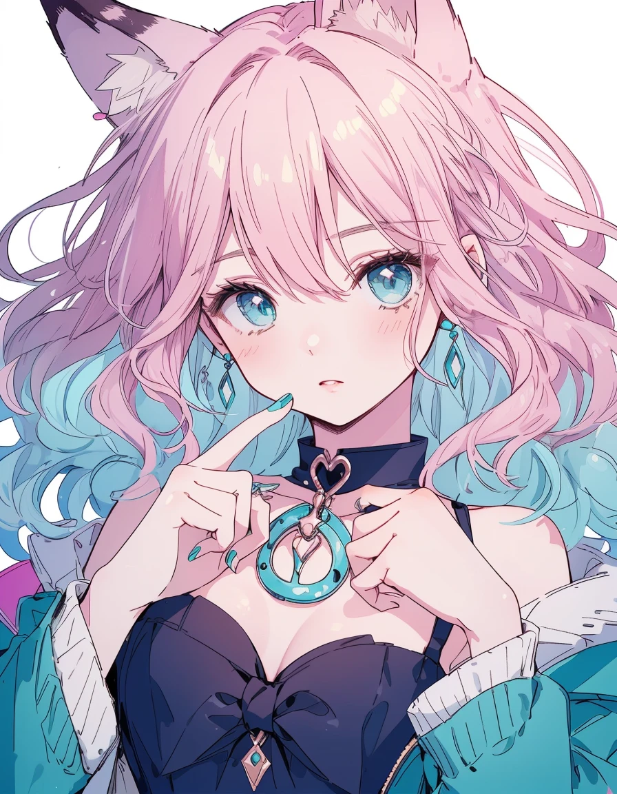 Pink Hair,Medium wavy hair, dress,Fox Ears , ((masterpiece, Highest quality:1.5)), ((Beautiful and detailed cat aqua eyes:1.2)), Fox ears, Pale skin, Medium chest, Beautiful Hands, Beautiful fingers, Easy Negative