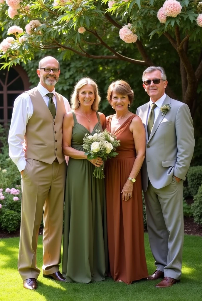 complete wedding godparents: Beige vest and pants, with olive green tie
madrinha de vestido verde oliva 
mae da noiva: in a rust dress father of the bride: in a light gray jacket and light gray pants, with olive green tie




