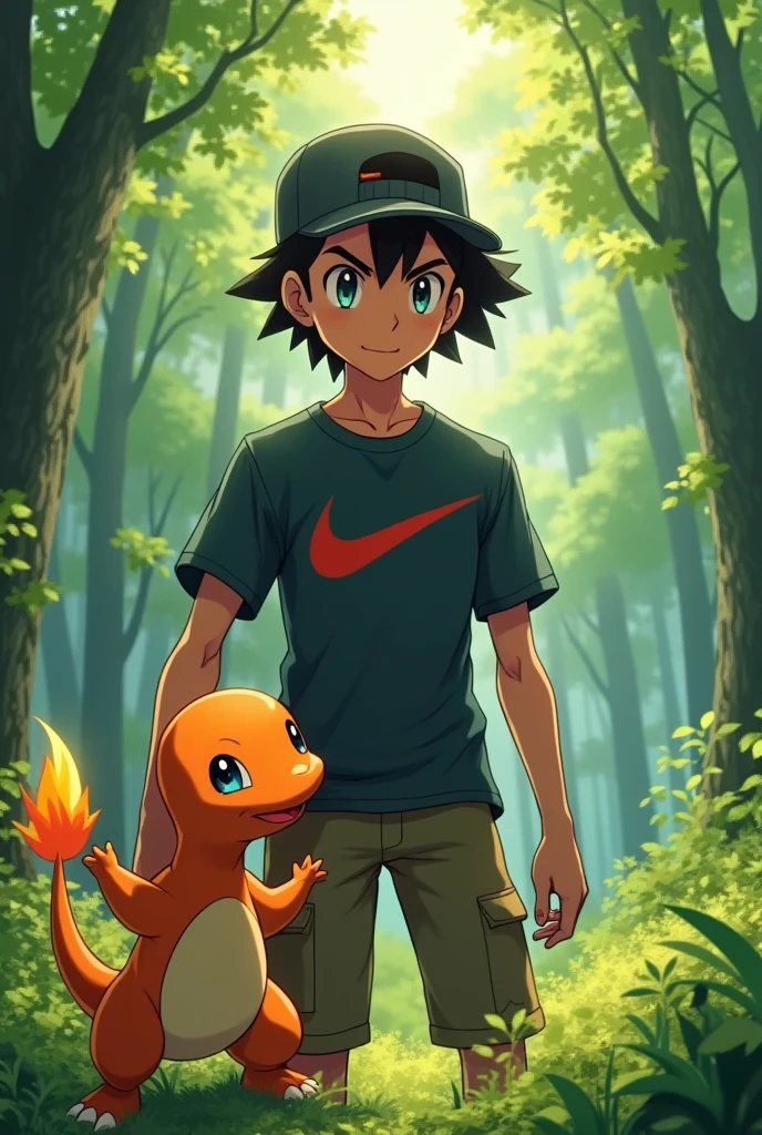 a pokemon trainer with a black cap and a nike shirt
and official pokemon art with good quality and the setting in a forest and next to it a charmander oficial pokemon red and blue