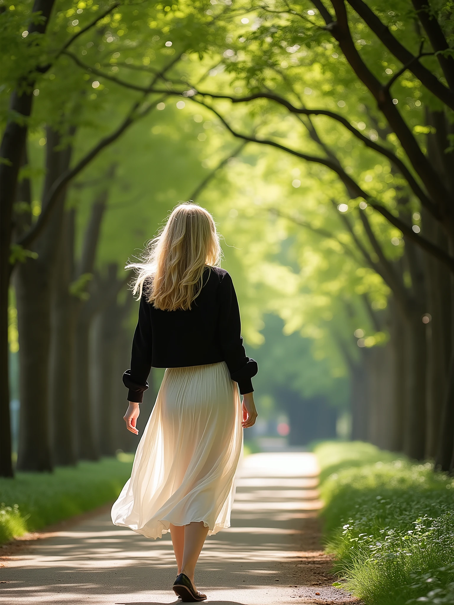 a blonde young woman waking on a path among the trees. Woman is wearing a casual white dress and black jacket . Natural illumination.