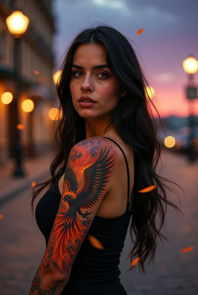 a 32-year-old with a distinctive full-sleeve tattoo on her left arm depicting a phoenix rising from flames.