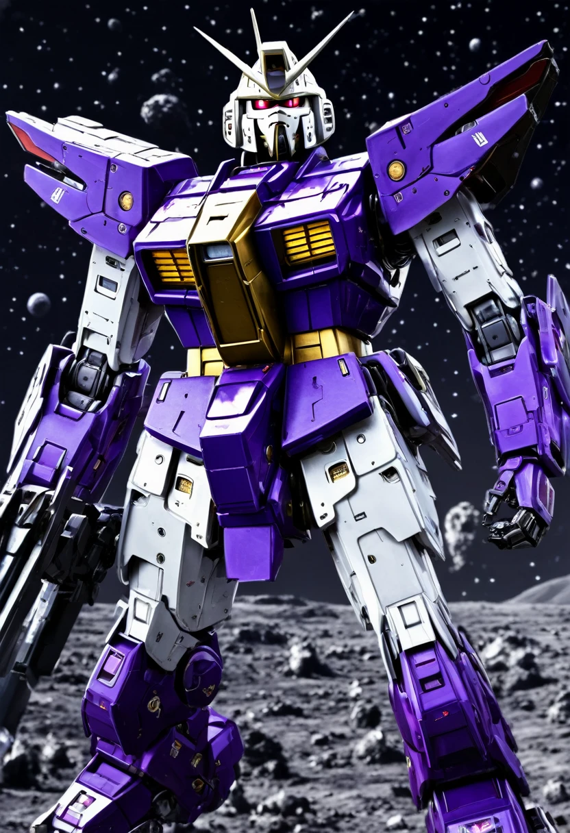 a violet gundam robot, some Samurai styling, staring up, camera is low behind the gundam looking up, lunar surface, raging battle in space
