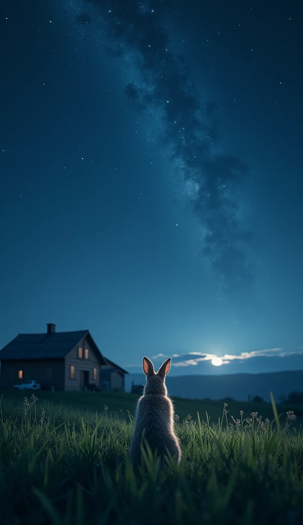 Beautiful detailed starry sky, rabbit looking up, rural farmhouse in the grass, (Highest Quality, 4k, 8k, High Resolution, Masterpiece: 1.2), Ultra Detailed, (Realistic, Photorealistic, Photorealistic: 1.37), Highly detailed night sky, glowing stars, fluffy rabbit, rabbit looking up, detailed grassland, unlit barn, moonlit night, serene rural landscape, atmospheric lighting, cinematic composition, limited color palette,