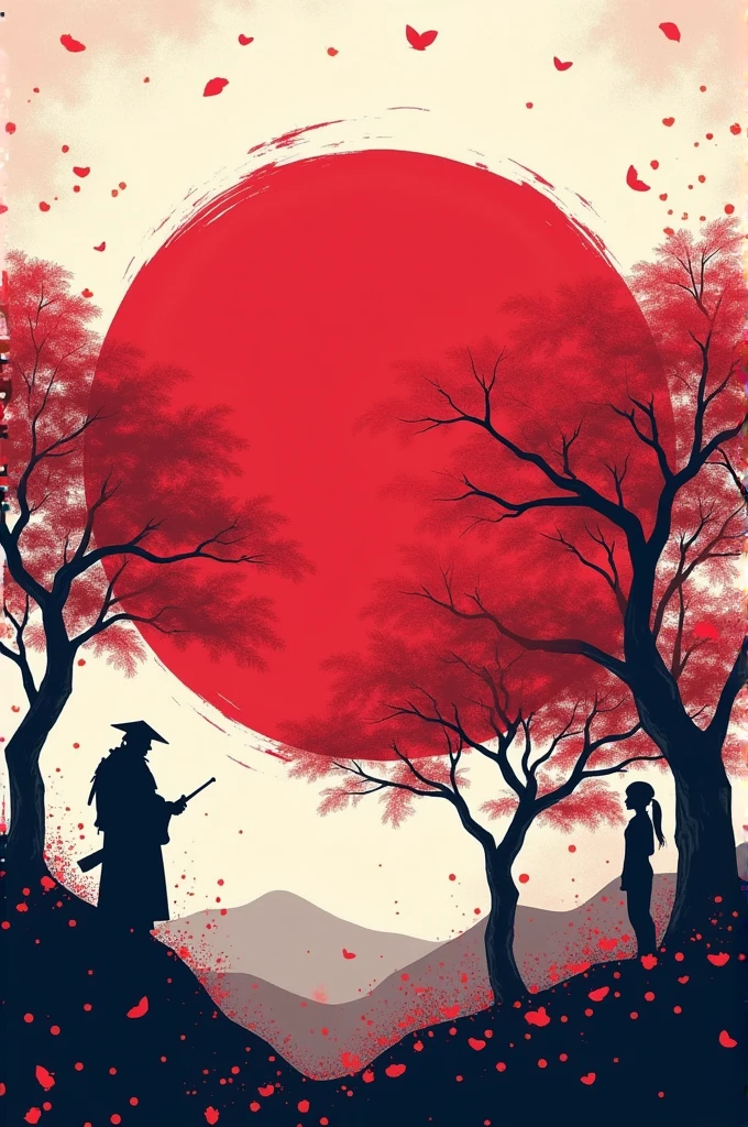 Generate me a horizontal image, a flag of Japan with silhouettes of characters and cherry trees 