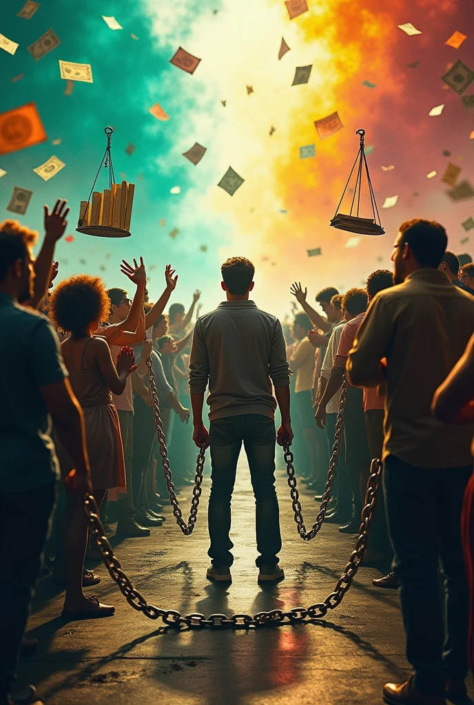 a content creator (like a filmmaker or writer) at a studio, with two chains linking him to two different groups. On one side, there could be a group with money icons, graphs and an applauding audience, representing market demands and profit. On the other side, a group with book symbols, a scale, and a diverse community, representing integrity, truth and social responsibility. The tension in the chains visualizes the ethical dilemma the creator faces in balancing these pressures.