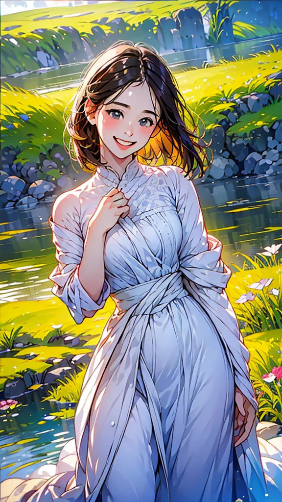 in 8K、top-quality、masterpiece:1.2)、One woman、(Smiling smile:1.1)、beautidful eyes、Valley、The upper part of the body、shorth hair、Like a boy、Colossal tits、Blue View、