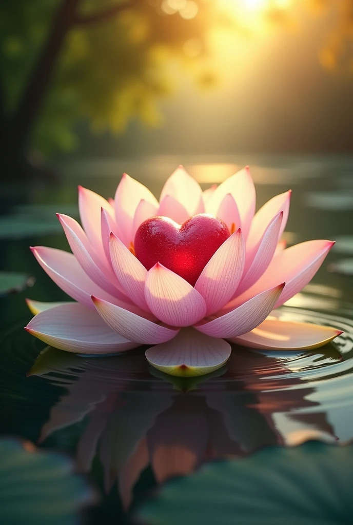 Open lotus flower with a human heart in the center