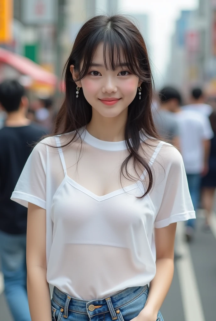 1 Japanese beautiful girl, ((Transparent white see-through T-shirt:1.4, denim pants)), ((show off breasts & nipples under white t-shirt:1.4)), 18yo girl, Super beautiful detailed face, (smile:1.4), earrings, (various hair style:1.4, bangs), cowboy shot, (small breast:1.4, chubby body), (neutral-colored small areola), nude, Naked, BREAK, masterpiece, best quality, ultra quality, high quality, realistic, photo realistic, RAW photo, hyper detailed, intricate detaile, (crowded street:1.4),