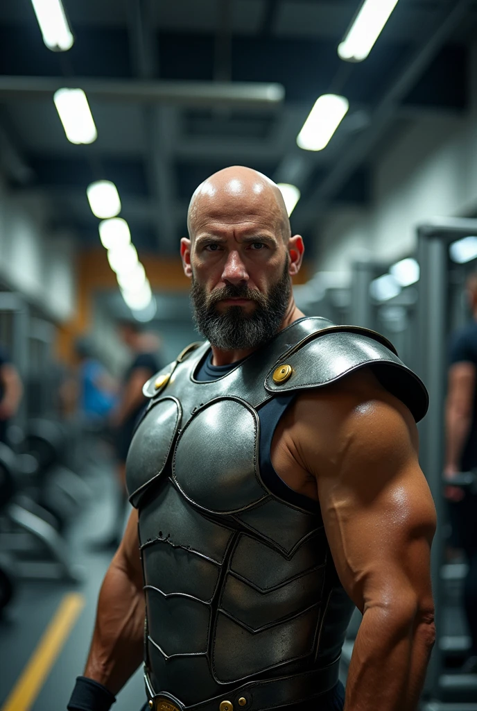 Bald man, low beard, stark, brawny, training, gym, breastplate.