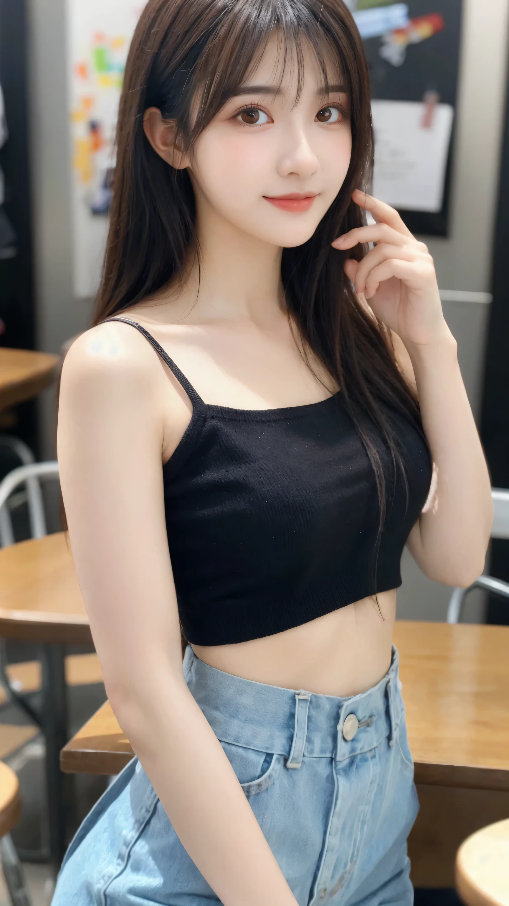 (8k, RAW Photo, Best Quality, Masterpiece:1.2), table top, Ultra Detail, Super Resolution, (Realistic, Realistic Photo:1.37), Portrait, High Detail RAW Color Photo, Professional Photo, Extremely Detailed and Beautiful, Extremely detailed, 8k wallpaper, amazing and detailed, huge file size, official art, highly detailed CG unity 8k wallpaper, highly detailed beautiful girl, highly detailed face, highly detailed eyes, highly detailed skin, highly detailed fingers, highly detailed nose, very detailed detailed mouth , perfect anatomy, highly detailed background, highly detailed clothes, 1girl, ,cute girl, realistic body, fair skin, glowing skin , slim body, handsome body, black hair , Semilong hair, (blunt bangs:1.2), smile, cute, youthful, cute face, realistic face, delicate eyes, drooping eyes, looking at viewer, facing front, standing posture, Contraposto, dynamic lighting, ((face closeup)), (medium chest), (Perfect Body Proportions), (slender Body Proportions), tank top, mini skirt,