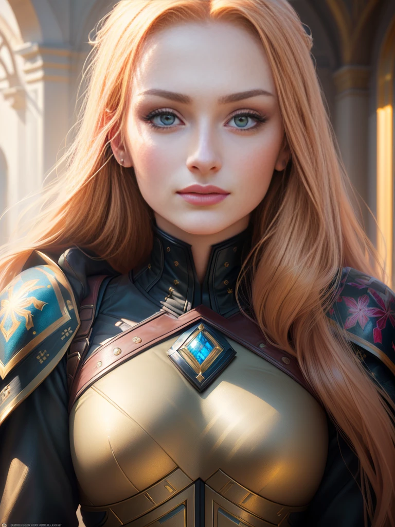 a beaut, closeup face, face illuminated by bright light, face full of confidence and concentration, The perfect female face, Деталь 8k, photo realistic style, sharp-focus, Professional lighting, colorful details, The painting is built according to the rule of the golden ratio, SOPHIE TURNER