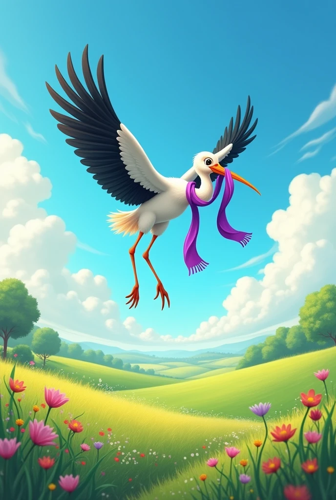 Kiut stork flying carrying a purple scarf