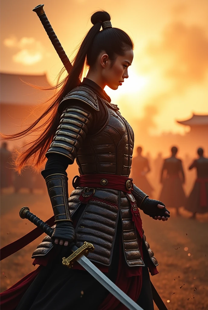 ((Japan Samurai for women),field of battle,dynamic pose,portrait of upper body、Longsword,armors,fiery sky,crazy details,details Intricate,high resolution,8k,((anatomically correcte)) sign in the background written : 36 high-quality photos