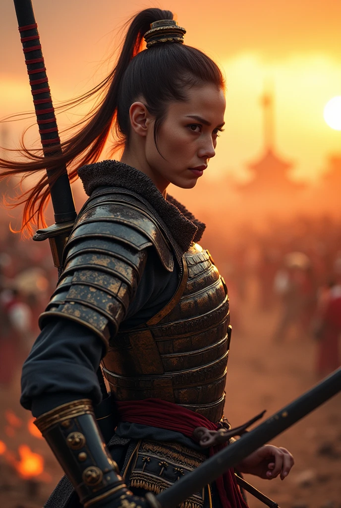 ((Japan Samurai for women),field of battle,dynamic pose,portrait of upper body、Longsword,armors,fiery sky,crazy details,details Intricate,high resolution,8k,((anatomically correcte)) sign in the background written : 36 high-quality photos
