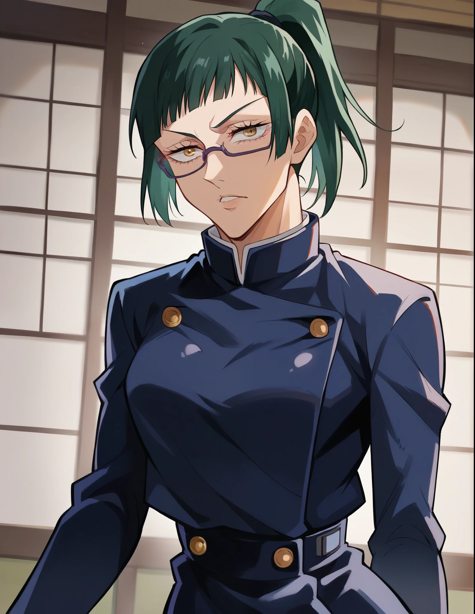 score_9, score_8_up, score_7_up, source_anime,
MakiZenin, Maki Zenin, green ponytail hair, glasses, yellow eyes,
blue tight skirt, blue tight jacket, jujutsu kaisen uniform,
indoors, dojo, seductive pose,
solo, looking at viewer,
