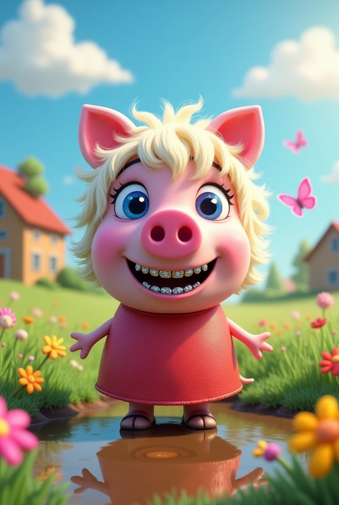 Generate a realistic Peppa pig image, white and blonde and with braces