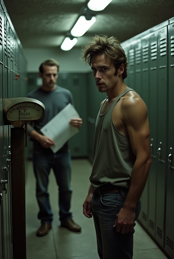 Jack is standing next to the scale, pulling his hair, and looking shocked. Victor could be standing in the background also looking confused and holding a maintenance chart.