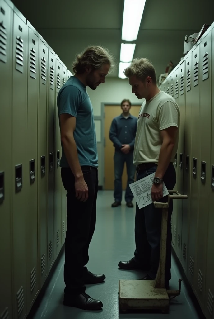 Jack is standing next to the scale, pulling his hair, and looking shocked. Victor could be standing in the background also looking confused and holding a maintenance chart.