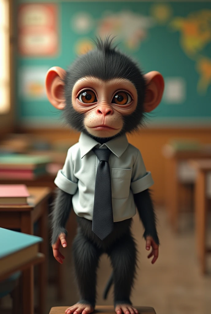 Little monkey despair wearing student clothes looking at the front, full picture, realistic fine details