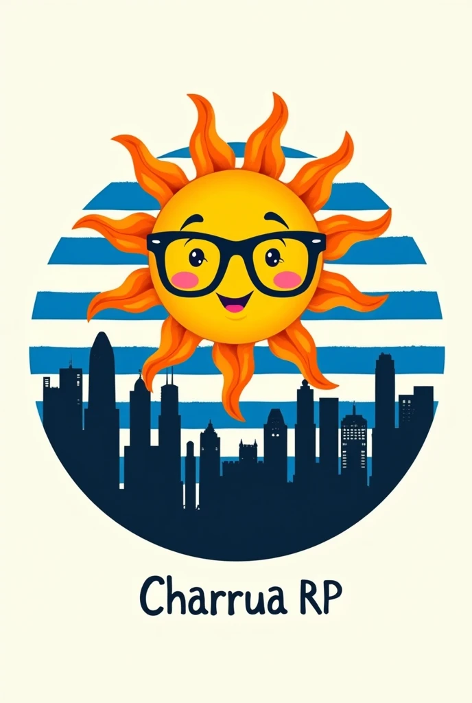 Create an image that is circular with a sun from the Uruguayan flag, a background with blue and white stripes with a city behind that says Charrua RP, the part of the city that is shaped like buildings in black Charrua RP, that the images are in a circle and the sun with a smile winking with glasses on so that the image is not so animated. 