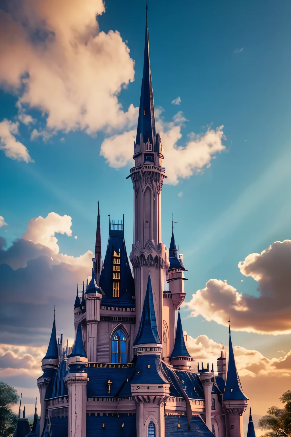 a beautiful fantasy castle with blue cloudy sky, a large majestic dragon soaring overhead, intricate architecture, turrets and spires, glowing windows, sunlight streaming through clouds, highly detailed, dramatic lighting, vivid colors, cinematic composition, (best quality,4k,8k,highres,masterpiece:1.2),ultra-detailed,(realistic,photorealistic,photo-realistic:1.37),fantasy,cinematic,atmospheric