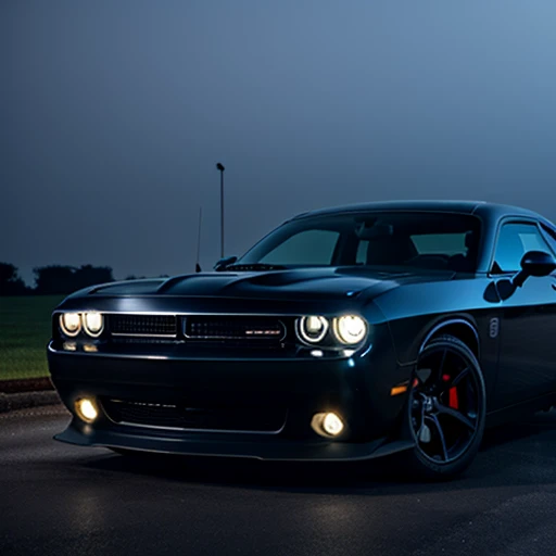 A black dodge challenger with flames of shades of blue, car is sitting in mansion driveway, dark outside, headlights glow blue, colorful light, car fully visible, glowing blue, blue highlights, subtle fog, epic