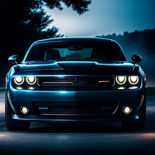 A black dodge challenger with flames of shades of blue, car is sitting in mansion driveway, dark outside, headlights glow blue, colorful light, car fully visible, glowing blue, blue highlights, subtle fog, epic