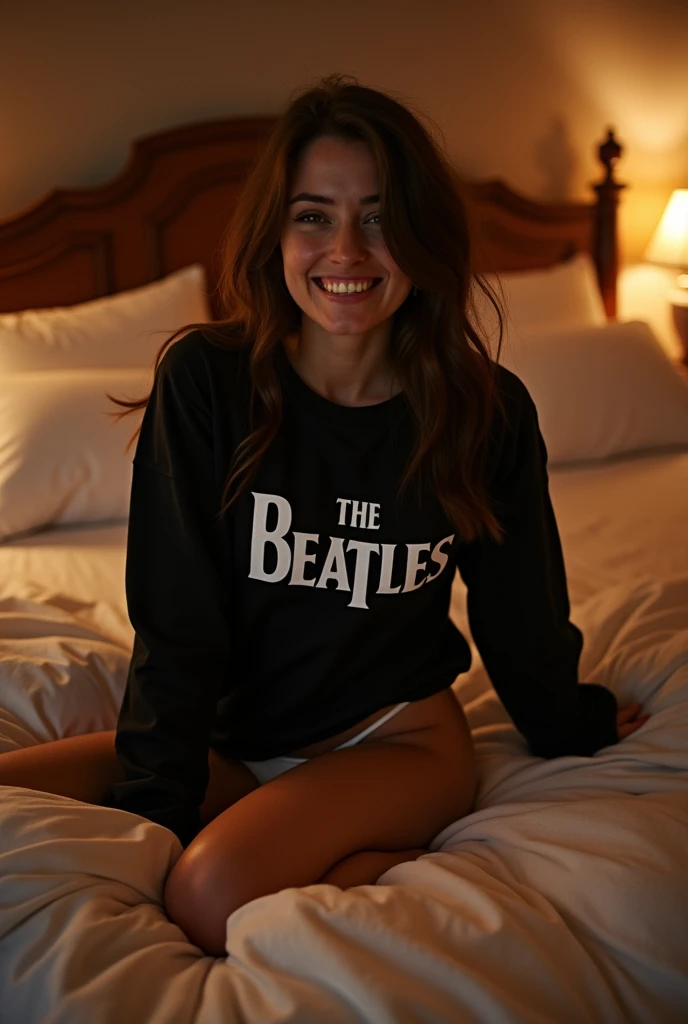 Brunette instagram influencer, wearing a black The Beatles shirt and white panties, laying in a king size bed, laying down, ready for bed, cute smile