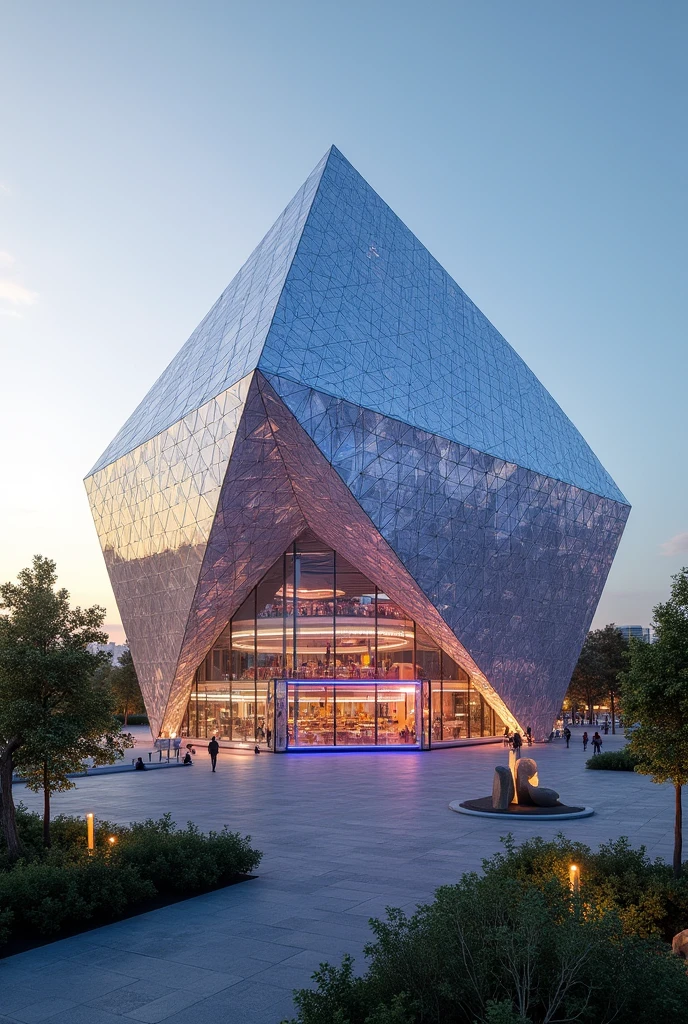 Create a concept design of a diamond shaped arena and please show me the exterior design