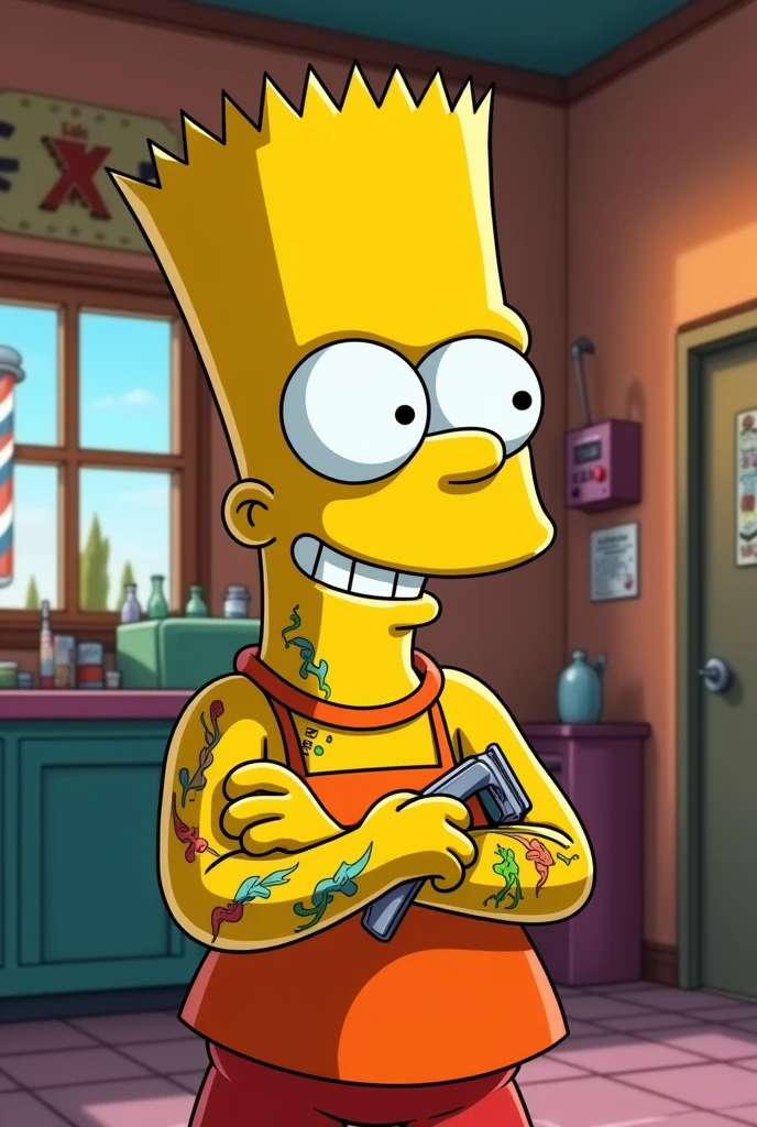 Bart Simpson with a barber shop behind him in the picture and he has his arms crossed holding a razor and he has a tattoo on the right side of his arm and part of his neck