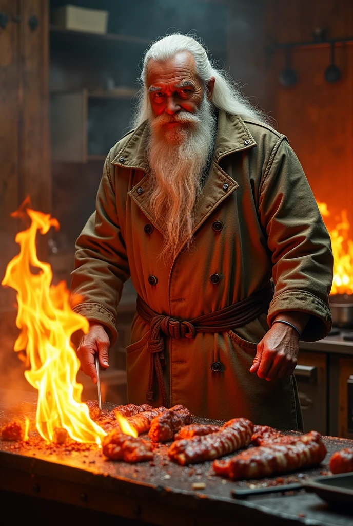 With emphasis on the atmosphere
 * The Master of Fire: In a hellish kitchen, illuminated by the flames of a stove, an enigmatic wizard is found. His imposing figure, with a worn chef&#39;s jacket, contrasts with the darkness that surrounds it. With a penetrating look and an enigmatic smile, He seems to dominate the flames that consume the meats he cooks.. His white beard waves in time with the heat, while preparing a feast